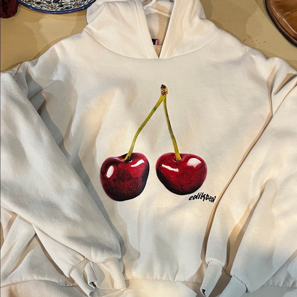 Edikted Off-White Hoodie with Cherry Graphic